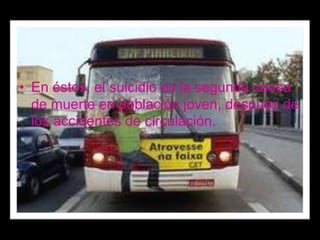 • En éstos, el suicidio es la segunda causa
  de muerte en población joven, después de
  los accidentes de circulación.
 