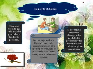 No pierda el diálogo Cada uno necesita que se le escuche y escuchar a las demás personas.  Esto les deja a ellos en libertad para poder comunicarse con otro tipo de personas, que les podrán decir cualquier cosa y de muy diversos modos.  Si por alguna razón este diálogo se ha perdido, los problemas y los malentendidos podrán surgir en cada rincón, 