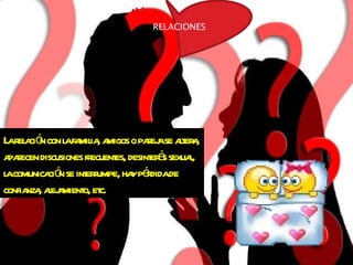 La relación con la familia, amigos o pareja se altera, aparecen discusiones frecuentes, desinterés sexual, la comunicación se interrumpe, hay pérdida de confianza, alejamiento, etc. RELACIONES 