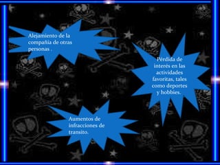 Alejamiento de la compañía de otras personas .  Aumentos de infracciones de transito.  Pérdida de interés en las actividades favoritas, tales como deportes y hobbies.  
