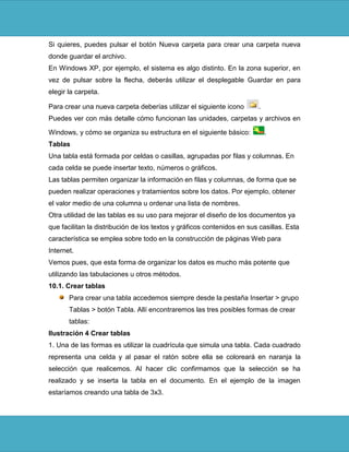 Si quieres, puedes pulsar el botón Nueva carpeta para crear una carpeta nueva
donde guardar el archivo.
En Windows XP, por ejemplo, el sistema es algo distinto. En la zona superior, en
vez de pulsar sobre la flecha, deberás utilizar el desplegable Guardar en para
elegir la carpeta.

Para crear una nueva carpeta deberías utilizar el siguiente icono       .
Puedes ver con más detalle cómo funcionan las unidades, carpetas y archivos en

Windows, y cómo se organiza su estructura en el siguiente básico:           .
Tablas
Una tabla está formada por celdas o casillas, agrupadas por filas y columnas. En
cada celda se puede insertar texto, números o gráficos.
Las tablas permiten organizar la información en filas y columnas, de forma que se
pueden realizar operaciones y tratamientos sobre los datos. Por ejemplo, obtener
el valor medio de una columna u ordenar una lista de nombres.
Otra utilidad de las tablas es su uso para mejorar el diseño de los documentos ya
que facilitan la distribución de los textos y gráficos contenidos en sus casillas. Esta
característica se emplea sobre todo en la construcción de páginas Web para
Internet.
Vemos pues, que esta forma de organizar los datos es mucho más potente que
utilizando las tabulaciones u otros métodos.
10.1. Crear tablas
       Para crear una tabla accedemos siempre desde la pestaña Insertar > grupo
       Tablas > botón Tabla. Allí encontraremos las tres posibles formas de crear
       tablas:
Ilustración 4 Crear tablas
1. Una de las formas es utilizar la cuadrícula que simula una tabla. Cada cuadrado
representa una celda y al pasar el ratón sobre ella se coloreará en naranja la
selección que realicemos. Al hacer clic confirmamos que la selección se ha
realizado y se inserta la tabla en el documento. En el ejemplo de la imagen
estaríamos creando una tabla de 3x3.
 