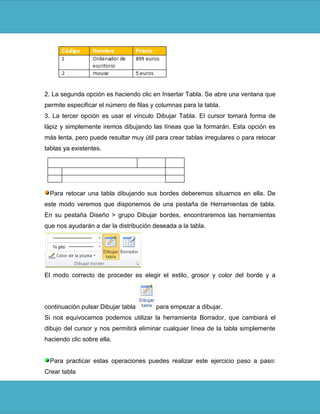 2. La segunda opción es haciendo clic en Insertar Tabla. Se abre una ventana que
permite especificar el número de filas y columnas para la tabla.
3. La tercer opción es usar el vínculo Dibujar Tabla. El cursor tomará forma de
lápiz y simplemente iremos dibujando las líneas que la formarán. Esta opción es
más lenta, pero puede resultar muy útil para crear tablas irregulares o para retocar
tablas ya existentes.




  Para retocar una tabla dibujando sus bordes deberemos situarnos en ella. De
este modo veremos que disponemos de una pestaña de Herramientas de tabla.
En su pestaña Diseño > grupo Dibujar bordes, encontraremos las herramientas
que nos ayudarán a dar la distribución deseada a la tabla.




El modo correcto de proceder es elegir el estilo, grosor y color del borde y a




continuación pulsar Dibujar tabla       para empezar a dibujar.
Si nos equivocamos podemos utilizar la herramienta Borrador, que cambiará el
dibujo del cursor y nos permitirá eliminar cualquier línea de la tabla simplemente
haciendo clic sobre ella.


  Para practicar estas operaciones puedes realizar este ejercicio paso a paso:
Crear tabla
 