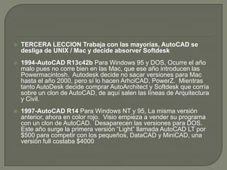 TERCERA LECCIONTrabaja con las mayorías, AutoCAD se desliga de UNIX / Mac y decide absorverSoftdesk1994-AutoCAD R13c42b Para Windows 95 y DOS, Ocurre el año malo pues no corre bien en las Mac, que ese año introducen las Powermacintosh.  Autodesk decide no sacar versiones para Mac hasta el año 2000, pero sí lo hacen ArhciCAD, PowerZ.  Mientras tanto AutoDesk decide comprar AutoArchitect y Softdesk que corría sobre un clon de AutoCAD, de aquí salen las líneas de Arquitectura y Civil. 1997-AutoCAD R14 Para Windows NT y 95, La misma versión anterior, ahora en color rojo.  Visio empieza a vender su programa con un clon de AutoCAD.  Desaparecen las versiones para DOS.Este año surge la primera versión “Light” llamada AutoCAD LT por $500 para competir con los pequeños, DataCAD y MiniCAD, una versión full costaba $4000