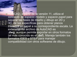 AutoCAD, a partir de la versión 11, utiliza el concepto de espacio modelo y espacio papel para separar las fases de diseño y dibujo en 2D y 3D, de las específicas para obtener planos trazados en papel a su correspondiente escala. La extensión del archivo de AutoCAD es .dwg, aunque permite exportar en otros formatos (el más conocido es el .dxf). Maneja también los formatos IGES y STEP para manejar compatibilidad con otros softwares de dibujo.
