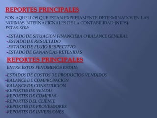 REPORTES PRINCIPALESSON AQUELLOS QUE ESTAN EXPRESAMENTE DETERMINADOS EN LAS NORMAS INTERNACIONALES DE LA CONTABILIDAD (NII`S). ESTAS SON: -ESTADO DE SITUACION FINANCIERA O BALANCE GENERAL-ESTADO DE RESULTADO-ESTADO DE FLUJO RESPECTIVO-ESTADO DE GANANCIAS RETENIDASREPORTES PRINCIPALESENTRE ESTOS FENOMENOS ESTAN:-ESTADOS DE COSTOS DE PRODUCTOS VENDIDOS-BALANCE DE COMPROBACION-BALANCE DE CONSTITUCION -REPORTES DE VENTAS-REPORTES DE COMPRAS -REPORTES DEL CLIENTE -REPORTES DE PROVEEDORES-REPORTES DE INVERSIONES