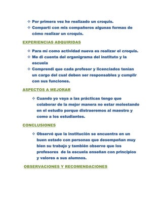  Por primera vez he realizado un croquis.
  Compartí con mis compañeros algunas formas de
   cómo realizar un croquis.

EXPERIENCIAS ADQUIRIDAS

  Para mí como actividad nueva es realizar el croquis.
  Me di cuenta del organigrama del instituto y la
   escuela
  Comprendí que cada profesor y licenciados tenían
   un cargo del cual deben ser responsables y cumplir
   con sus funciones.

ASPECTOS A MEJORAR

    Cuando yo vaya a las prácticas tengo que
     colaborar de la mejor manera no estar molestando
     en el estudio porque distraeremos al maestro y
     como a los estudiantes.

CONCLUSIONES

    Observé que la institución se encuentra en un
     buen estado con personas que desempeñan muy
     bien su trabajo y también observe que los
     profesores de la escuela enseñan con principios
     y valores a sus alumnos.

OBSERVACIONES Y RECOMENDACIONES
 