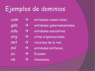 Ejemplos de dominios
 .com      entidades comerciales.
 .gob      entidades gubernamentales.
 .edu      entidades educativas.
 .org      otras organizaciones.
 .net      recursos de la red.
 .mil      entidades militares.
 .ec       Ecuador
 .ve       Venezuela.
 