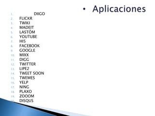 1.         DIIGO
2.    FLICKR
3.    TWIKI
4.    MADEIT
5.    LASTÓM
6.    YOUTUBE
7.    HI5
8.    FACEBOOK
9.    GOOGLE
10.   MIXX
11.   DIGG
12.   TWITTER
13.   LIPE2
14.   TWEET SOON
15.   TWEMES
16.   YELP
17.   NING
18.   PLAXO
19.   ZOOOM
20.   DISQUS
 