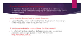 El nombre de usuario de la cuenta de correo:
o Es el nombre de usuario de la cuenta de correo. Generalmente un
nombre de usuario esta compuesto por parte de la dirección de correo
que procede al @.
La contraseña del usuario de la cuenta de correo:
o La contraseña permite verificar el nombre de usuario, de manera que
nadie mas pueda utilizar esa cuenta de correo.
El nombre del servidor de correo saliente (SMTP) y su puerto:
o Se refiere al nombre específico de la computadora o servidor que
procesará los mensajes que se enviaran. Por ejemplo:
smtp.mail.yahoo.com.ar.
 