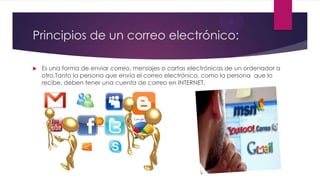 Principios de un correo electrónico:
 Es una forma de enviar correo, mensajes o cartas electrónicas de un ordenador a
otro.Tanto la persona que envía el correo electrónico, como la persona que lo
recibe, deben tener una cuenta de correo en INTERNET.
 