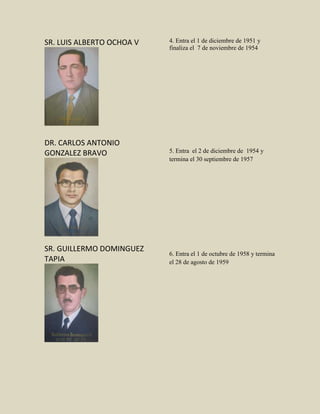 SR. LUIS ALBERTO OCHOA V
DR. CARLOS ANTONIO
GONZALEZ BRAVO
SR. GUILLERMO DOMINGUEZ
TAPIA
4. Entra el 1 de diciembre de 1951 y
finaliza el 7 de noviembre de 1954
5. Entra el 2 de diciembre de 1954 y
termina el 30 septiembre de 1957
6. Entra el 1 de octubre de 1958 y termina
el 28 de agosto de 1959
 