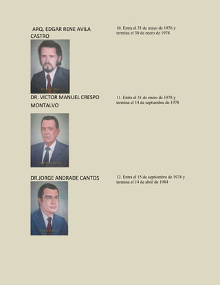 ARQ. EDGAR RENE AVILA
CASTRO
DR. VICTOR MANUEL CRESPO
MONTALVO
DR.JORGE ANDRADE CANTOS
10. Entra el 31 de mayo de 1976 y
termina el 30 de enero de 1978
11. Entra el 31 de enero de 1978 y
termina el 14 de septiembre de 1978
12. Entra el 15 de septiembre de 1978 y
termina el 14 de abril de 1984
 