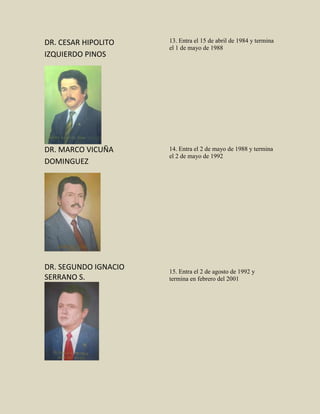 DR. CESAR HIPOLITO
IZQUIERDO PINOS
DR. MARCO VICUÑA
DOMINGUEZ
DR. SEGUNDO IGNACIO
SERRANO S.
13. Entra el 15 de abril de 1984 y termina
el 1 de mayo de 1988
14. Entra el 2 de mayo de 1988 y termina
el 2 de mayo de 1992
15. Entra el 2 de agosto de 1992 y
termina en febrero del 2001
 