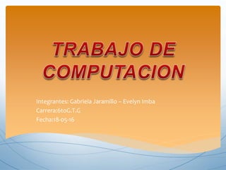 Integrantes: Gabriela Jaramillo – Evelyn Imba
Carrera:6toG.T.G
Fecha:18-05-16
 