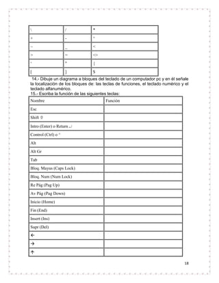 /           *
+                    -           ^
~                    _           <
>                    =           <>
‘                    "           {
[                    ]           $
 14.- Dibuje un diagrama a bloques del teclado de un computador pc y en él señale
la localización de los bloques de: las teclas de funciones, el teclado numérico y el
teclado alfanumérico.
15.- Escriba la función de las siguientes teclas:
Nombre                                  Función
Esc
Shift 

Intro (Enter) o Return
Control (Ctrl) o ^
Alt
Alt Gr
Tab
Bloq. Mayus (Caps Lock)
Bloq. Num (Num Lock)
Re Pág (Pag Up)
Av Pág (Pag Down)
Inicio (Home)
Fin (End)
Insert (Ins)
Supr (Del)




                                                                                 18
 