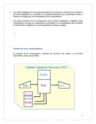 Los datos digitales son los proporcionados por el usuario a través de un teclado o
de otros dispositivos y consisten en impulsos eléctricos que combinados entre sí
forman un código que es interpretado por la computadora.

Los datos híbridos son la combinación de los datos analógicos y digitales. Esta
combinación se logra por dispositivos conectados a la computadora que cambian
la información analógica a su correspondiente código en digital.



<>




Partes de una computadora

El manejo de la computadora, requiere de conocer sus partes y la función
específica a cada una de ellas.




                                                                                3
 