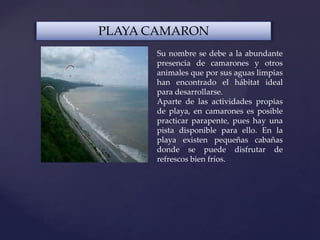 PLAYA CAMARON
Su nombre se debe a la abundante
presencia de camarones y otros
animales que por sus aguas limpias
han encontrado el hábitat ideal
para desarrollarse.
Aparte de las actividades propias
de playa, en camarones es posible
practicar parapente, pues hay una
pista disponible para ello. En la
playa existen pequeñas cabañas
donde se puede disfrutar de
refrescos bien fríos.
 
