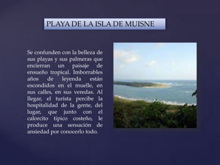 PLAYA DE LA ISLA DE MUISNE
Se confunden con la belleza de
sus playas y sus palmeras que
encierran un paisaje de
ensueño tropical. Imborrables
años de leyenda están
escondidos en el muelle, en
sus calles, en sus veredas. Al
llegar, el turista percibe la
hospitalidad de la gente, del
lugar, que junto con el
calorcito típico costeño, le
produce una sensación de
ansiedad por conocerlo todo.
 