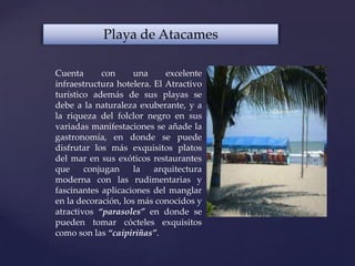 Playa de Atacames
Cuenta con una excelente
infraestructura hotelera. El Atractivo
turístico además de sus playas se
debe a la naturaleza exuberante, y a
la riqueza del folclor negro en sus
variadas manifestaciones se añade la
gastronomía, en donde se puede
disfrutar los más exquisitos platos
del mar en sus exóticos restaurantes
que conjugan la arquitectura
moderna con las rudimentarias y
fascinantes aplicaciones del manglar
en la decoración, los más conocidos y
atractivos “parasoles” en donde se
pueden tomar cócteles exquisitos
como son las “caipiriñas”.
 
