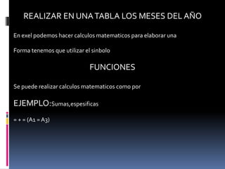 REALIZAR EN UNATABLA LOS MESES DEL AÑO
En exel podemos hacer calculos matematicos para elaborar una
Forma tenemos que utilizar el sinbolo
FUNCIONES
Se puede realizar calculos matematicos como por
EJEMPLO:Sumas,espesificas
= + = (A1 = A3)
 