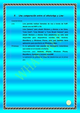 9.

Una comparación entre el whatsApp y Line:

Características
Line

Line permite realizar llamadas de voz a través de VoIP,
desde una red WiFi o 3G.
Line Camera" para añadir Stickers y efectos a las fotos,
"Line Card", "Line Birzzle" y "Line Brush Camera" para
añadir Stickers y efectos Esta plataforma no sólo está
disponible

para

dispositivos

móviles

iOS,

Android,

BlackBerry y Windows Phone, sino que también tiene
aplicación para escritorio en Windows y Mac,
Whatsapp

Es la aplicación más popular de mensajería instantánea
que existe en el mundo a la fecha.
Disponible

para

Android,

iPhone,

Windows

Phone,

BlackBerry, Symbian e incluso Java2ME
La aplicación es gratuita en todas las plataformas por el primer
año

di

 