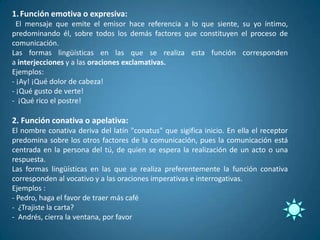 1. Función emotiva o expresiva:
  El mensaje que emite el emisor hace referencia a lo que siente, su yo íntimo,
predominando él, sobre todos los demás factores que constituyen el proceso de
comunicación.
Las formas lingüísticas en las que se realiza esta función corresponden
a interjecciones y a las oraciones exclamativas.
Ejemplos:
- ¡Ay! ¡Qué dolor de cabeza!
- ¡Qué gusto de verte!
- ¡Qué rico el postre!

2. Función conativa o apelativa:
El nombre conativa deriva del latín "conatus" que sigifica inicio. En ella el receptor
predomina sobre los otros factores de la comunicación, pues la comunicación está
centrada en la persona del tú, de quien se espera la realización de un acto o una
respuesta.
Las formas lingüísticas en las que se realiza preferentemente la función conativa
corresponden al vocativo y a las oraciones imperativas e interrogativas.
Ejemplos :
- Pedro, haga el favor de traer más café
- ¿Trajiste la carta?
- Andrés, cierra la ventana, por favor
 