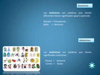 Sinonimos

Los sinónimos son palabras que siendo
diferentes tienen significados igual o parecido.

Novato = Principiante
Bello = Hermoso




                                   Antonimos



Los antónimos son palabras que tienen
significados contrarios.

 Parase = Sentarse
 Correr = Nadar
 