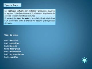 Tipos de Texto

Las tipologías textuales son métodos y propuestas cuyo fin
es agrupar o clasificar los textos (y discursos) lingüísticos de
acuerdo con características comunes.
El tema de los tipos de texto es abordado desde disciplinas
y un aprendizaje como el análisis del discurso y la lingüística
del texto.




Tipos de texto:

texto narrativo
texto expositivo
texto literario
texto descriptivo
texto informativo
texto argumentativo
texto cientifico
 