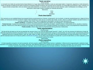 Texto narrativo
                                                                                Artículo principal:
 La narración es el relato de acontecimientos desarrollados en un lugar determinado y llevados a cabo por personajes reales o imaginarios, siguiendo un orden temporal o
 causal. Al abordar el análisis de los textos narrativos es necesario estudiar la historia y las acciones que la componen, los personajes que las llevan a cabo, el tiempo y el
    espacio donde se desarrollan, cómo se ordenan todos estos elementos. La narración, sobre todo en los textos literarios, suele ir entrelazada con el diálogo y con la
                                                      descripción, dando lugar a textos complejos con distintas secuencias.
                                                                                    •Estructura
                                                                        •                             inicio
                                                                        •                             nudo
                                                                      •                            desenlace
                                                                           [Texto    descriptivo
 Si la narración es una modalidad textual que presenta hechos sucesivamente en el tiempo, la descripción, por el contrario, consta las características de un objeto de forma
estática, sin transcurso de tiempo. El término "objeto" debe entenderse en este caso en su sentido más amplio, es decir, abarca a cualquier realidad, sea esta humana o no,
                                   concreta o abstracta, real o ficticia. Todo lo imaginable es descriptible. Los tipos de texto descriptivo son:
                              •Textos científicos: su finalidad es mostrar el procedimiento para realizar una investigación o una experimentación.
    •Textos técnicos: muestran los componentes, la forma y el funcionamiento de cualquier tipo de objeto, creación artística o instrumental: pintura, escultura, mecánica,
   deportes, medicina, etc. Entre ellos se incluyen los manuales de instrucciones de uso y montaje de aparatos; las recetas de cocina y los prospectos de medicamentos.
                                           •Textos sociales: ofrecen datos sobre el comportamiento de las personas e instituciones.
                                                                        Texto argumentativo
                                                                                Artículo principal: .
  Se trata del tipo de textos en los que se presentan las razones a favor o en contra de determinada "posición" o "tesis", con el fin de convencer al interlocutor a través de
diferentes argumentos tomando una postura a favor o en contra . Se trata de manera fundamental, aunque no exclusivamente, de juicios de valor, apreciaciones positivas o
    negativas acerca de lo expuesto (Bueno, malo, feo, bello; válido/ no válido, adecuado/no adecuado). El discurso argumentativo es propio del ensayo y de la crítica en
general. Ejemplos típicos son el discurso político o el Artículo de opinión. Con los textos argumentativos se puede dar un punto de vista frente a un tema cualquiera, ya sea
                                                                        una posición positiva o en contra.
                                                                                Véase también:
                                                                           [Texto     expositivo
                                                                               Artículo principal:
  Un texto expositivo es aquel en el cual se presentan, de forma neutral y objetiva, determinados hechos o realidades. A diferencia de la argumentación, mediante el texto
expositivo no se intenta convencer, sino mostrar. Ahora bien, esta diferencia abstracta no siempre es tan evidente en los textos concretos, por lo que muchas veces se habla
                de textos "expositivo-argumentativos". Ejemplos: típicos de texto expositivo son los textos científicos. La finalidad de estos textos es informar.
 