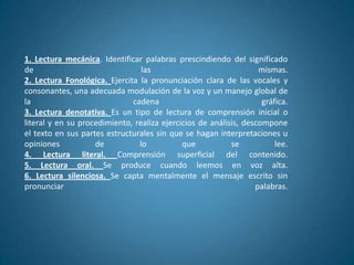 1. Lectura mecánica. Identificar palabras prescindiendo del significado
de                               las                               mismas.
2. Lectura Fonológica. Ejercita la pronunciación clara de las vocales y
consonantes, una adecuada modulación de la voz y un manejo global de
la                            cadena                                gráfica.
3. Lectura denotativa. Es un tipo de lectura de comprensión inicial o
literal y en su procedimiento, realiza ejercicios de análisis, descompone
el texto en sus partes estructurales sin que se hagan interpretaciones u
opiniones           de          lo           que           se           lee.
4. Lectura literal. Comprensión superficial del contenido.
5. Lectura oral. Se produce cuando leemos en voz alta.
6. Lectura silenciosa. Se capta mentalmente el mensaje escrito sin
pronunciar                                                        palabras.
 