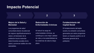Impacto Potencial
Mejora de la Salud y
Bienestar
Los programas de salud
comunitaria tienen el potencial
de mejorar significativamente la
salud y el bienestar de la
población local al abordar
determinantes sociales de la
salud y promover estilos de vida
saludables.
Reducción de
Enfermedades Crónicas
Al reducir la carga de
enfermedades crónicas, se
contribuye a una mejor calidad
de vida y a la sostenibilidad de
los sistemas de salud a largo
plazo.
Fortalecimiento del
Capital Social
El fortalecimiento del tejido
social y la cohesión comunitaria
generados por estos programas
tienen un impacto positivo en el
bienestar general de la
población.
 