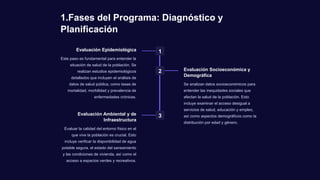 1.Fases del Programa: Diagnóstico y
Planificación
1
Evaluación Epidemiológica
Este paso es fundamental para entender la
situación de salud de la población. Se
realizan estudios epidemiológicos
detallados que incluyen el análisis de
datos de salud pública, como tasas de
mortalidad, morbilidad y prevalencia de
enfermedades crónicas.
2 Evaluación Socioeconómica y
Demográfica
Se analizan datos socioeconómicos para
entender las inequidades sociales que
afectan la salud de la población. Esto
incluye examinar el acceso desigual a
servicios de salud, educación y empleo,
así como aspectos demográficos como la
distribución por edad y género.
3
Evaluación Ambiental y de
Infraestructura
Evaluar la calidad del entorno físico en el
que vive la población es crucial. Esto
incluye verificar la disponibilidad de agua
potable segura, el estado del saneamiento
y las condiciones de vivienda, así como el
acceso a espacios verdes y recreativos.
 