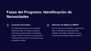 Fases del Programa: Identificación de
Necesidades
1 Consulta Comunitaria
Es fundamental involucrar a la comunidad
desde el principio. Se realizan encuestas,
entrevistas y grupos focales con residentes
locales, líderes comunitarios y organizaciones
civiles para comprender sus preocupaciones y
prioridades en salud.
2 Definición de Objetivos SMART
Una vez que se han recopilado y analizado los
datos, se establecen metas específicas,
medibles, alcanzables, relevantes y con un
marco temporal definido (objetivos SMART).
 