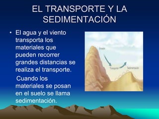 EL TRANSPORTE Y LA 
SEDIMENTACIÓN 
• El agua y el viento 
transporta los 
materiales que 
pueden recorrer 
grandes distancias se 
realiza el transporte. 
Cuando los 
materiales se posan 
en el suelo se llama 
sedimentación. 
 
