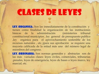 
CLASES DE LEYES
 LEY ORGANICA: Son las inmediatamente de la constitución y
tienen como finalidad la organización de las instituciones
básicas de la administración (ministerios tribunal
constitucional municipios , ley general de presupuesto publico
,ley orgánica para el aprovechamiento sostenible de los
recursos naturales , etc.,)para sus aprobación se requiere una
mayoría calificada de la mitad más uno del número legal de
miembros del congreso.
 LEY ORDINARIA: Son normas generales y abstractas son de
las más variadas clases: leyes civiles, comerciales, tributarias
,penales, leyes de emergencia, leyes de bases o leyes marco, ley
marcial, etc.
 