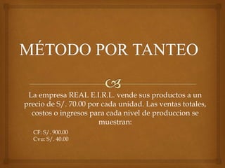 La empresa REAL E.I.R.L. vende sus productos a un
precio de S/. 70.00 por cada unidad. Las ventas totales,
costos o ingresos para cada nivel de produccion se
muestran:
CF: S/. 900.00
Cvu: S/. 40.00
 