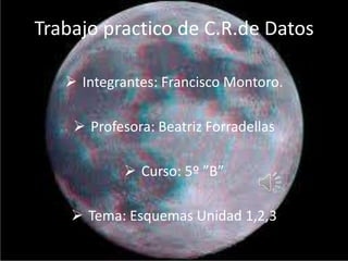 Trabajo practico de C.R.de Datos
 Integrantes: Francisco Montoro.
 Profesora: Beatriz Forradellas

 Curso: 5º ”B”
 Tema: Esquemas Unidad 1,2,3

 