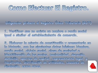 Como Efectuar El Registro.Diligenciar primero el Registro Único Tributario (RUT)1. Verificar que no exista un nombre o razón social igual o similar al establecimiento de comercio. 2. Elaborar la minuta de constitución y presentarla en la Notaria, con los siguientes datos básicos: Nombre, razón social, objeto social, clase de sociedad e identificación de los socios, nacionalidad, duración, domicilio, aportes de capital, representante legal, y facultades, distribución de utilidades, causales de disolución, entre otros. 
