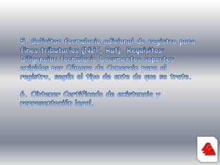 5. Solicitar formulario adicional de registro para fines tributarios (NIT, Rut). Requisitos: Diligenciar formulario Documentos soportes exigidos por Cámara de Comercio para el registro, según el tipo de ente de que se trate. 6. Obtener Certificado de existencia y representación legal.