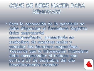 MODIFICACIÓN DE LA INFORMACIÓN DE LA MATRÍCULACualquier modificación que afecte el contenido del formulario de matrícula o renovación, debe solicitarse por escrito en las ventanillas de atención al público de cualquiera de las sedes.Cuando la modificación se refiera a la información financiera, deberá diligenciarse un nuevo formulario que contenga el estado actualizado de estos datos, y además, acompañar certificación o balance suscrito por el contador de la sociedad o el revisor fiscal.La solicitud de modificación se presentará en cualquiera de nuestras sedes y si es del caso, se reajustará y cancelará el valor de la matrícula.