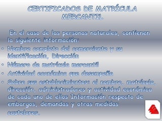 Nombre o razón social.Número de matrícula.Referencia al documento de constitución, a su número y fecha de inscripción.Referencia de cada uno de los documentos contentivos de reformas estatutarias, así como de sus números y fechas de inscripción.Domicilio.Término de duración.Objeto.