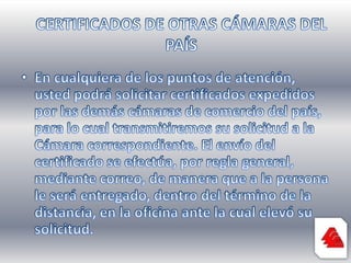 Para obtener un certificado de otra cámara de comercio, usted deberá suministrarnos la siguiente información:Nombre completo del comerciante.Identificación del comerciante (NIT, cédula de ciudadanía, pasaporte, etc.), si la conoce.Número de matrícula del comerciante, si lo conoce.Cámara de Comercio en la cual está inscrito el comerciante