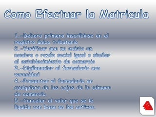 Como Efectuar la Matricula1.-Debera primero inscribirse en el registro único tributario2.-Verificar que no exista un nombre o razón social igual o similar al establecimiento de comercio3.-Digilennciar el formulario con veracidad4.-Presentar el formulario en cualquiera de las cajas de la cámara de comercio.5.-Cancelar el valor que se le liquide con base en los activos.