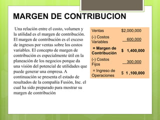 MARGEN DE CONTRIBUCION
Ventas $2,000,000
(-) Costos
Variables
600,000
= Margen de
Contribución
$ 1,400,000
(-) Costos
Fijos
300,000
= Ingreso de
Operaciones
$ 1 ,100,000
Una relación entre el costo, volumen y
la utilidad es el margen de contribución.
El margen de contribución es el exceso
de ingresos por ventas sobre los costos
variables. El concepto de margen de
contribución es especialmente útil en la
planeación de los negocios porque da
una visión del potencial de utilidades que
puede generar una empresa. A
continuación se presenta el estado de
resultados de la compañía Fusión, Inc. el
cual ha sido preparado para mostrar su
margen de contribución
 