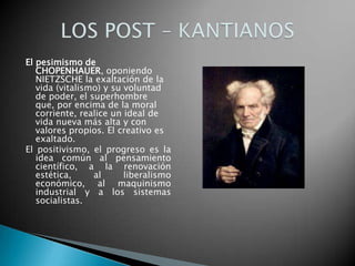 El pesimismo de  CHOPENHAUER, oponiendo NIETZSCHE la exaltación de la vida (vitalismo) y su voluntad de poder, el superhombre que, por encima de la moral corriente, realice un ideal de vida nueva más alta y con valores propios. El creativo es exaltado.El positivismo, el progreso es la idea común al pensamiento científico, a la renovación estética, al liberalismo económico, al maquinismo industrial y a los sistemas socialistas.LOS POST – KANTIANOS 