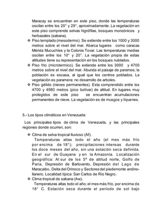 Maracay se encuentran en este piso, donde las temperaturas
oscilan entre los 20° y 29°, aproximadamente. La vegetación en
este piso comprende selvas higrófilas, bosques monzónicos y
herbazales (sabana).
 Piso templado (mesodermo). Se extiende entre los 1000 y 3000
metros sobre el nivel del mar. Abarca lugares como caracas
Mérida Mucuchíes y la Colonia Tovar. Las temperaturas medias
oscilan entre los 10° y 20°. La vegetación propia de estas
altitudes tiene su representación en los bosques nublados.
 Piso frio (microtermico). Se extiende entre los 3000 y 4700
metros sobre el nivel del mar. Abunda el paisaje de paramos; la
población es escasa, al igual que los centros poblados. La
vegetación es paramera: no desarrollo de arboles.
 Piso gélido (nieves permanentes). Esta comprendido entre los
4700 y 4980 metros (pico bolívar) de altitud. En lugares muy
protegidos de este piso se encuentran acumulaciones
permanentes de nieve. La vegetación es de musgos y líquenes.
5.- Los tipos climáticos en Venezuela:
Los principales tipos de clima de Venezuela, y las principales
regiones donde ocurren, son:
 Clima de selva tropical lluvioso (Af).
Temperaturas altas todo el año (el mes más frío
por encima de 18°); precipitaciones intensas durante
los doce meses del año, sin una estación seca definida.
En el sur de Guayana y en la Amazonia. Localización
geográfica: Al sur de los 5ª de altitud norte, Golfo de
Paria, Depresión de Barlovento, Depresión del Lago de
Maracaibo, Delta del Orinoco y Sectoresdel piedemonte andino-
llanero. Localidad típica: San Carlos de Río Negro.
 Clima tropical de sabana (Aw).
Temperaturas altas todo el año; el mes más frío, por encima de
18° C. Estación seca durante el período de sol bajo
 