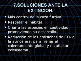 7.SOLUCIONES ANTE LA
           EXTINCIÓN.
   Más control de la caza furtiva.
   Respetar el hábitat.
   Criar a las especies en cautividad
    promoviendo su desarrollo.
   Reducción de las emisiones de CO2 a
    la atmósfera, para frenar el
    calentamiento global y no afectar
    ecosistema.
 