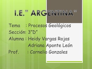 Tema : Procesos Geológicos 
Sección: 3”D” 
Alumna : Heidy Vargas Rojas 
Adriana Aponte León 
Prof. : Cornelio Gonzales 
 