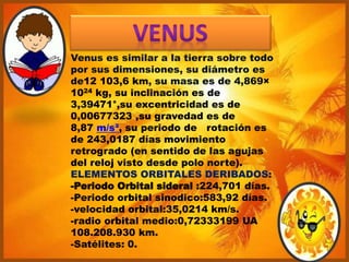 Venus es similar a la tierra sobre todo
por sus dimensiones, su diámetro es
de12 103,6 km, su masa es de 4,869×
1024 kg, su inclinación es de
3,39471°,su excentricidad es de
0,00677323 ,su gravedad es de
8,87 m/s², su periodo de rotación es
de 243,0187 días movimiento
retrogrado (en sentido de las agujas
del reloj visto desde polo norte).
ELEMENTOS ORBITALES DERIBADOS:
-Periodo Orbital sideral :224,701 días.
-Periodo orbital sinodico:583,92 días.
-velocidad orbital:35,0214 km/s.
-radio orbital medio:0,72333199 UA
108.208.930 km.
-Satélites: 0.
 