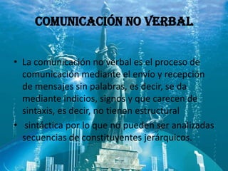 COMUNICACIÓN NO VERBAL


• La comunicación no verbal es el proceso de
  comunicación mediante el envío y recepción
  de mensajes sin palabras, es decir, se da
  mediante indicios, signos y que carecen de
  sintaxis, es decir, no tienen estructural
• sintáctica por lo que no pueden ser analizadas
  secuencias de constituyentes jerárquicos.
 